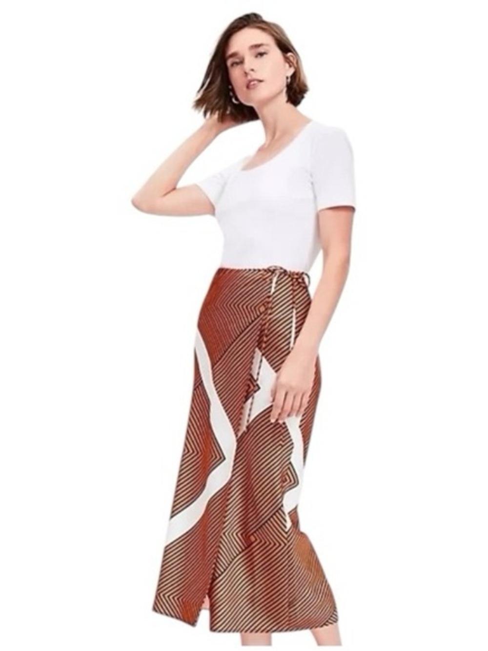 LOFT Geometric Stripe Wrap Midi Skirt Orange Black White Tie Waist 8 NWT Office